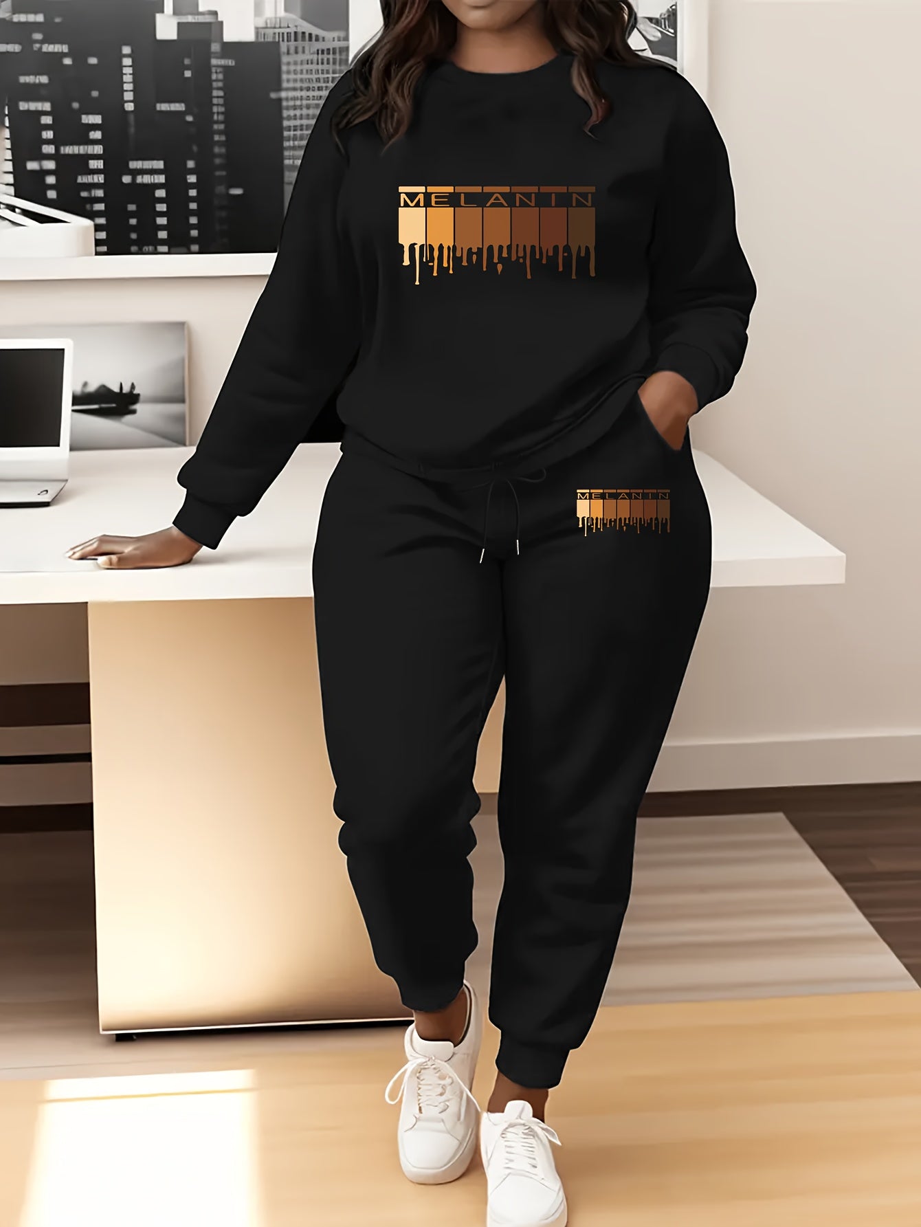 Women'S Plus Size Oversized Hoodie & Jogger Pants Set - Cozy Winter Warmth, Soft Round Neck Sweatsuit with Geometric Print, Full-Zip Hooded Jacket & Matching Pants, Casual Lounge Wear, Plus Size Friendly Comfortable Outfit fo