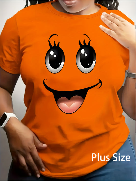 Plus Size Women'S T-shirts Big Eyes joyful Face Print Short Sleeve Crew Neck Casual Top For Spring & Summer Women'S Clothing Black/Pink/Orange T-Shirt Lady Summer Party Daily Wear Tee