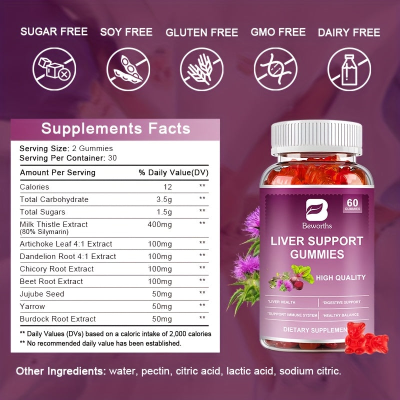 Liver Health Gummies- 8-IN-1 Upgraded Formula with Milk Thistle, Artichoke Leaf, Dandelion Root, Chicory Root, Beet Root, Jujube Seed, Yarrow, Burdock Root Extract, for Liver And Antioxidant Support - Extra Strength Milk This