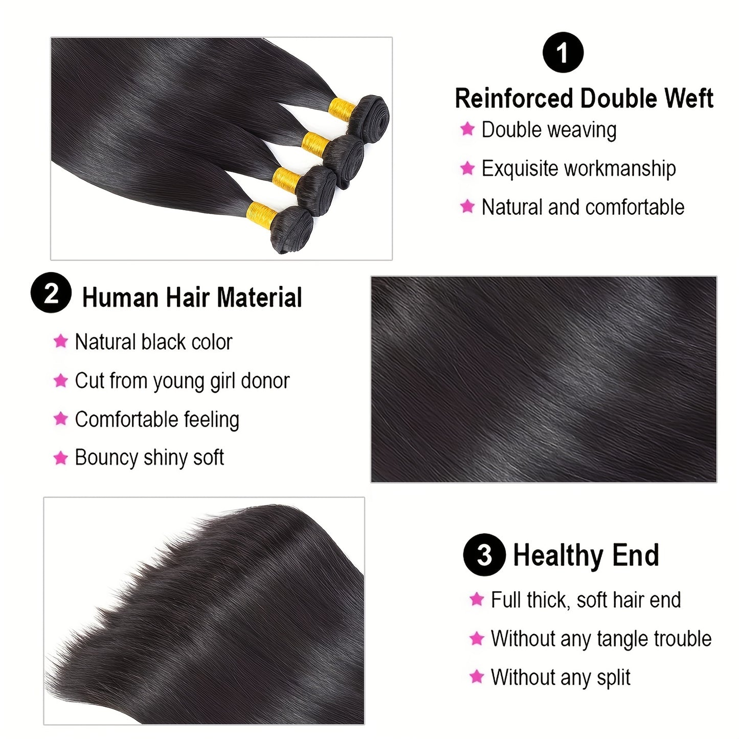 4 Bundles 12 Inch Straight Human Hair Weave with 4x4 Free Part Lace Closure - Natural Black Color, 100% Human Hair Extensions for Women, All Ethnicities, Versatile Hair Styling | Natural Hairline | Human Hair Bundle