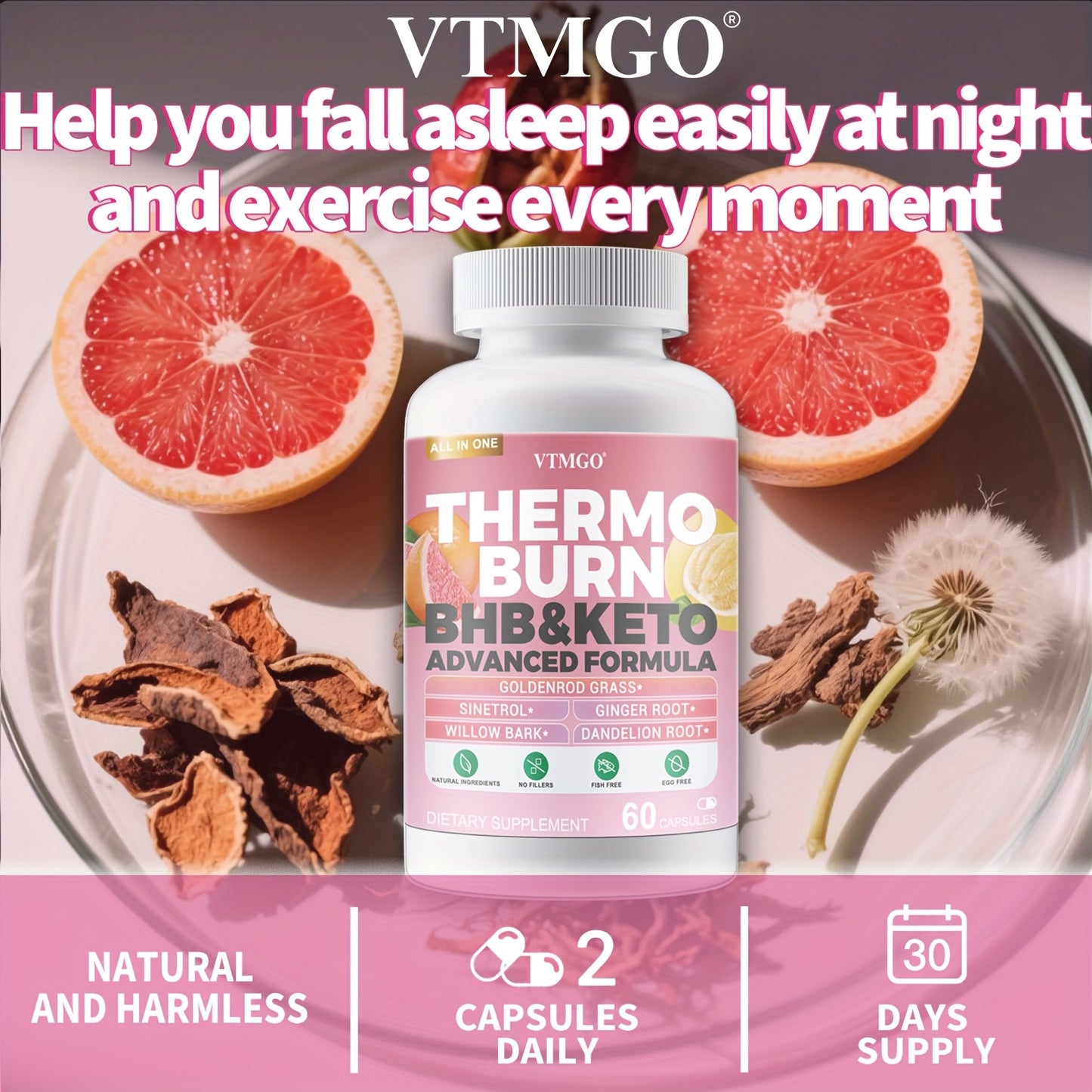 THERMO BURN Capsules Contain Caffeine, Flavonoids, Ginger Root, And Dandelion Root. Natural Ingredients Can Help You Maintain Your Figure And Help Through Metabolism - VTMGO