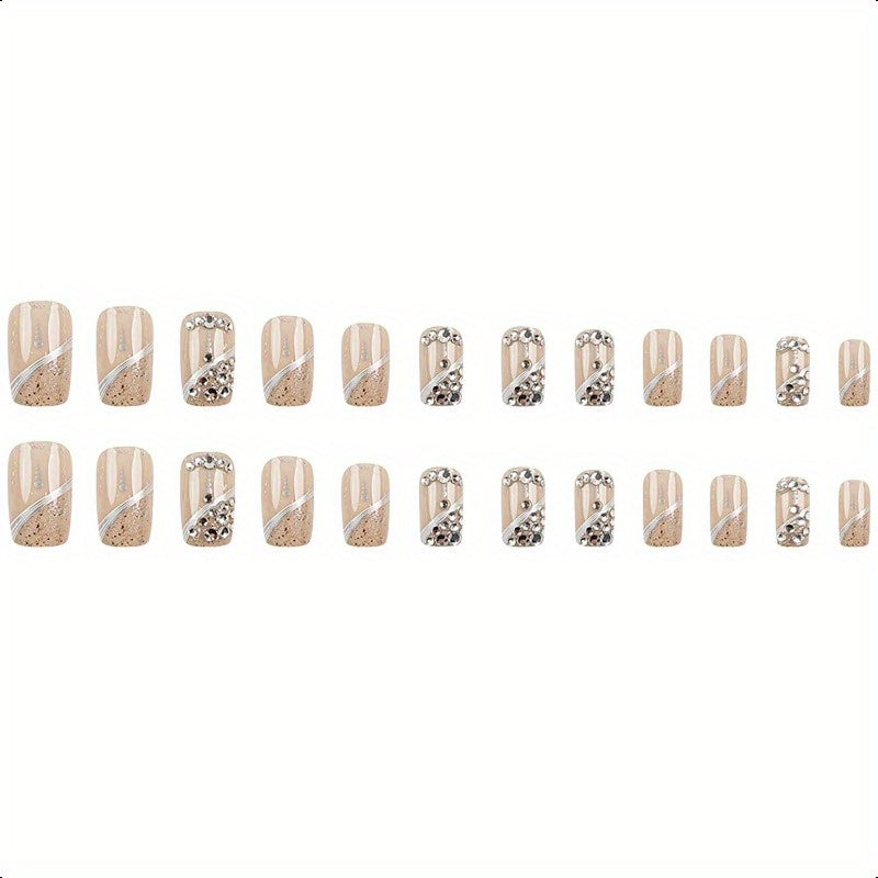 24pcs Square Press on Nails Rhinestone Fake Nails Glossy Nude Glue on Nails Full Cover False Nails Reusable Acrylic Nail Kit Cute Artificial Stick on Nails for Women DIY Manicure Decorations