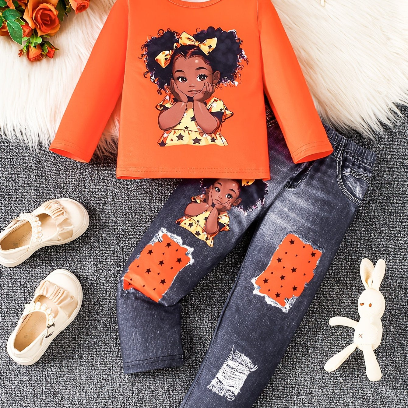 2pcs Girls' Cute Doll Print & Faux Denim Overalls Set - White Smock Dress + Blue Jeans-Like Leggings with Doll Face Print (Eyes/Nose/Mouth), Machine Washable Spring/Fall Outfit for Party, Everyday Play & Dress-Up , Perfect fo