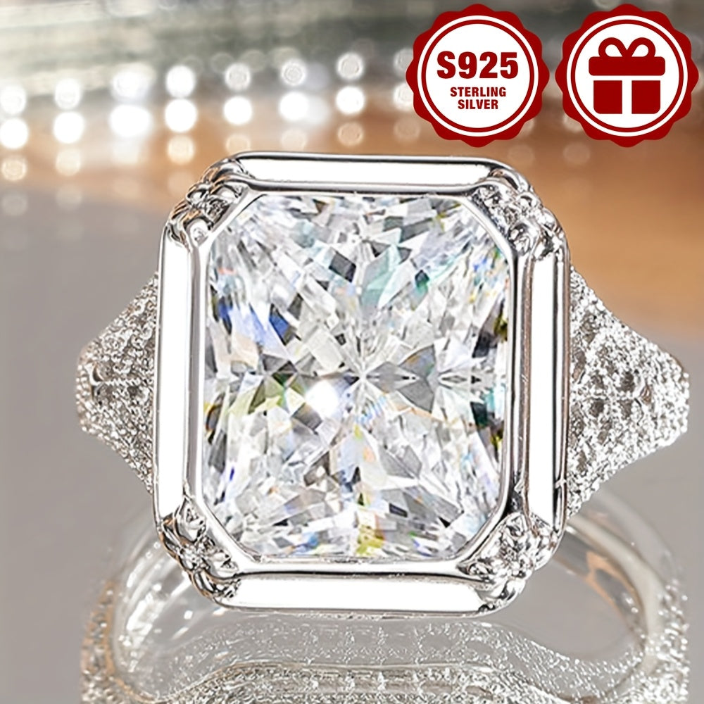 925 Sterling Silver Wide Face Ring, Luxurious And Fashionable, Princess Square Design, Fully Set with 5A Zirconia, Suitable for Daily Wear, Engagement, Date Parties, As A Gift for Your Girlfriend, with Gift Box Included