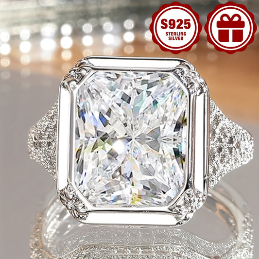 925 Sterling Silver Wide Face Ring, Luxurious And Fashionable, Princess Square Design, Fully Set with 5A Zirconia, Suitable for Daily Wear, Engagement, Date Parties, As A Gift for Your Girlfriend, with Gift Box Included
