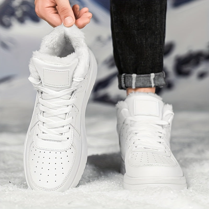 WANWEISI Men's Winter High-Top Thick-Sole Sneakers with Plush Fleece Lining - Heavy-Duty & MD Sole, Lace-Up Winter Boots for Hiking, Outdoor, Casual & Casual Attire - Warm Thermal Insulation, Cushioned Comfort, White/Black/Re