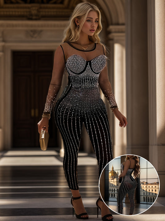 [Rhinestone Jumpsuit] Elegant Rhinestone-Embellished Women's Long Sleeve Mesh Jumpsuit | High Elasticity Form-Fitting Semi-Sheer Evening Gown for Galas, Weddings & Year-Round Wear