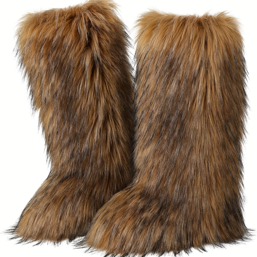 [Warm Furry Winter Boots] AMINUGAL Women's Warm Furry Winter Boots - Slip-On Mid-Calf Boots with Thick Cushioned Sole, PU Lining & Round Toe for Cold Weather Comfort | Black Casual Party Boots, Winter Footwear, Fluffy Boot De
