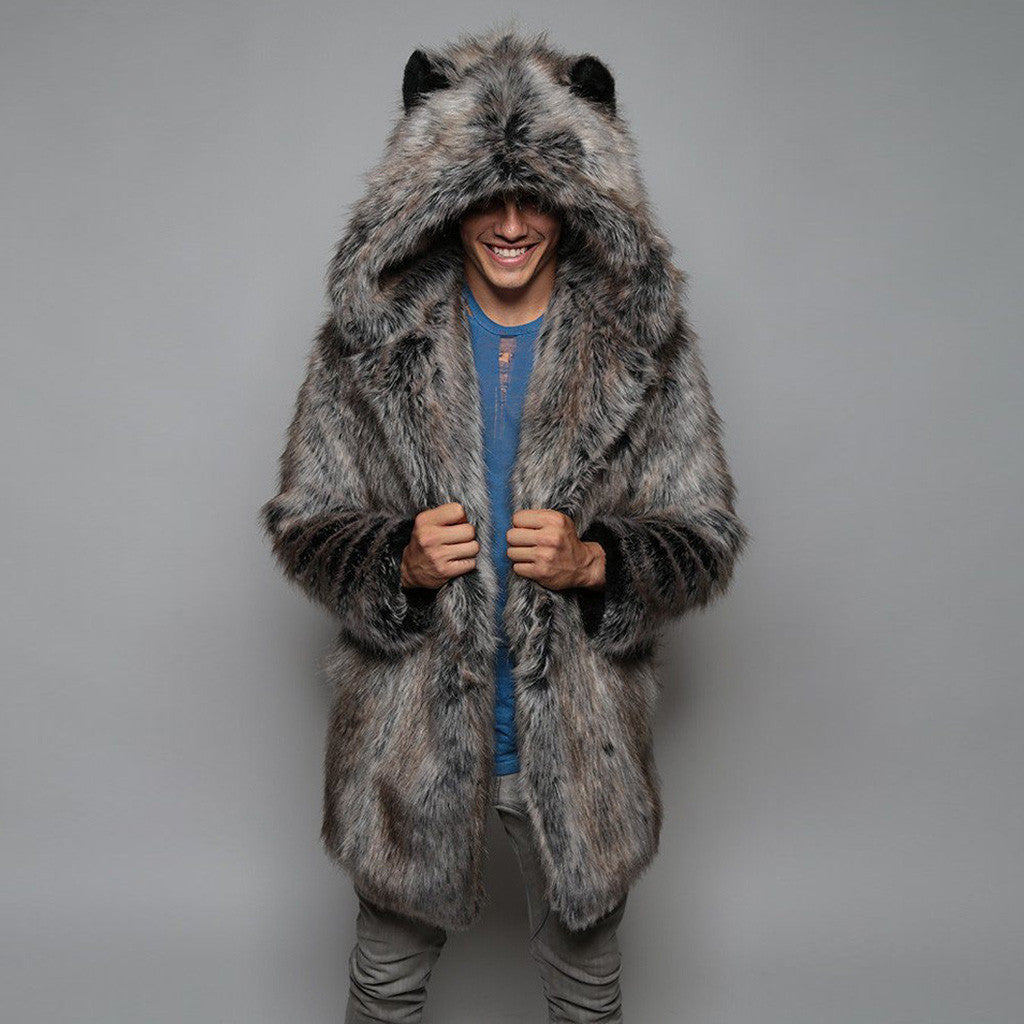 New European and American Style Faux Fur Coat for Men Winter Casual Warm Mink Fur Long Coat with Hood