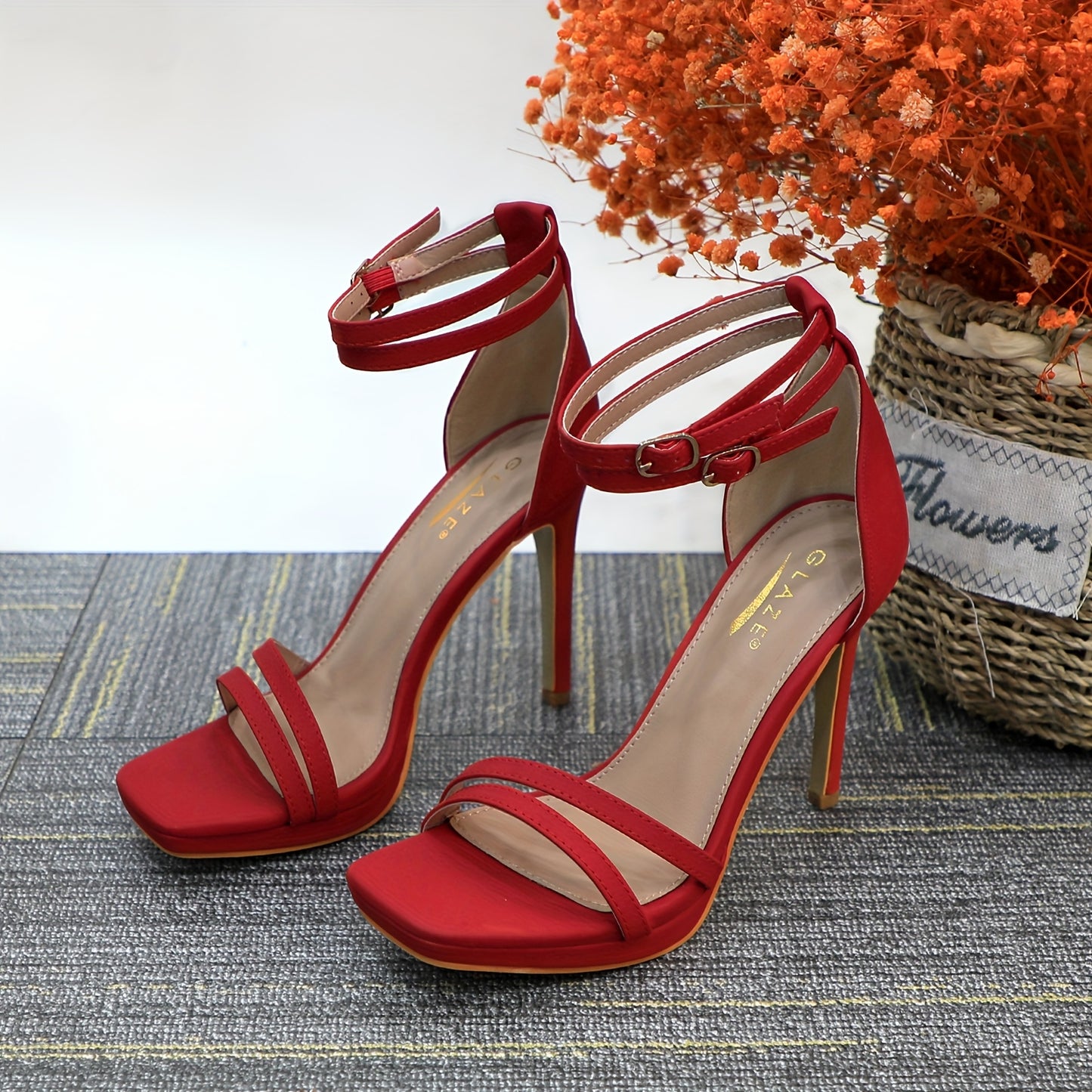 [Red Stiletto Sandals] Ultra-Fine 4.3" High Heel Women's Red Stiletto Sandals | Square Open Toe | Ankle Strap with Buckle Closure | Microfiber Synthetic Cover | Ideal for Prom, Wedding & Bridal Events, Wedding Shoes for Bride