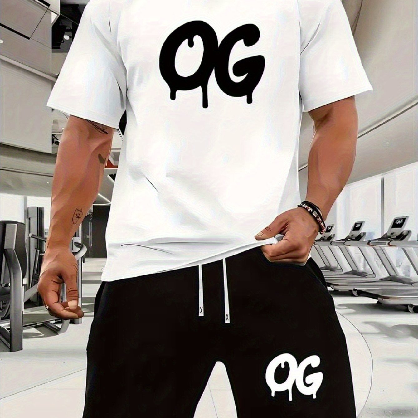 OG - Fashionable Letter Printed Men'S Set - Short Sleeve T-shirt and Drawstring Shorts, Comfortable Retro Style Street Trendy Enthusiasts Must Have