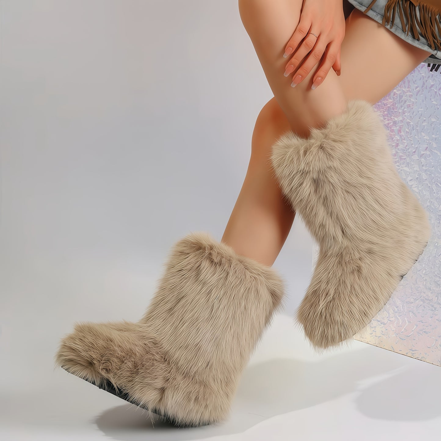 Women's Plush Faux Fur Winter Boots - Furry Mid-Calf (Short) Round Toe Snow Shoes with Sole, Cozy Warm & Soft Inner - White/Black/Coffee Brown//Tortoiseshell - Casual & Party Footwear