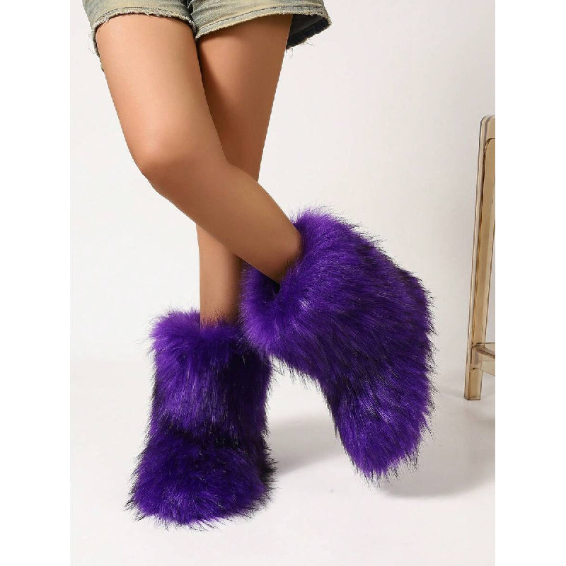 's Faux Fur Fur-Real Faux Fur-Like Winter Boots - Plush Warm Microfiber Furry Round Toe & Faux Fur Collar-like Ankle, Short Mid-Calf Cushioned Comfortable Indoor/Outdoor Purple (No-) Short Boots - Cozy Winter Shoes for Dresse