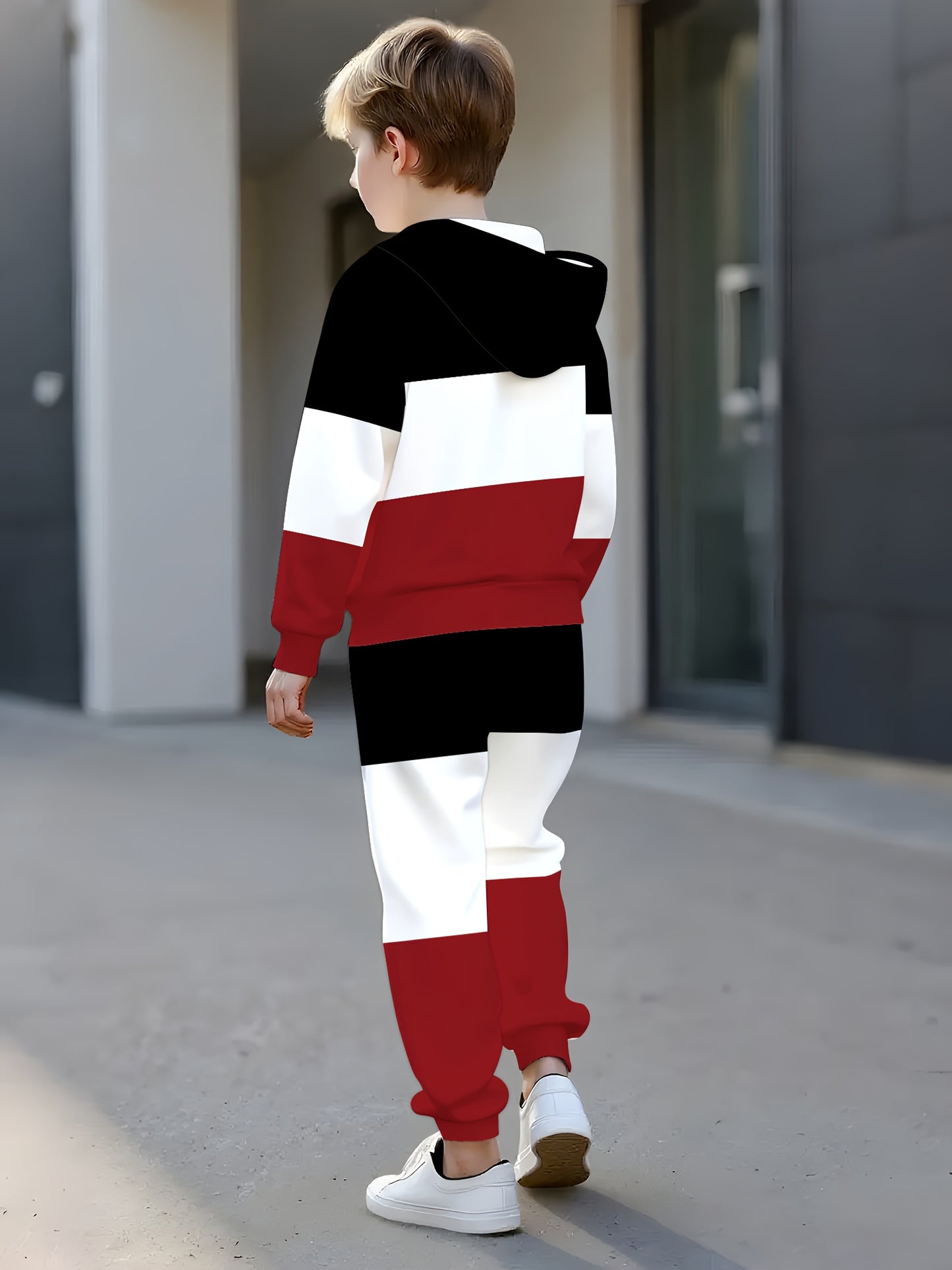 Boys' 3D black, white, and red striped print regular tracksuit suit for the spring and fall back-to-school season - hoodie and casual pants suit for children 13 and under, outdoor activities, sweatshirts and sweatpants, Perfe
