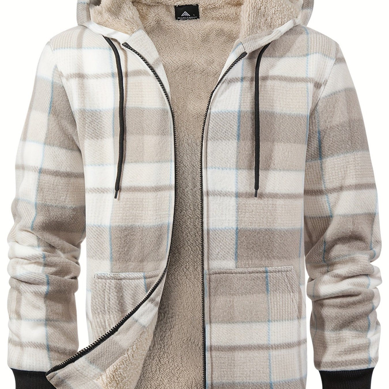 Men's Heavyweight Fleece Hooded Jacket - Full-Zip Sherpa Lining, Thick Winter Coat with Plaid Pattern (Blue/Black/Beige/Brown), Zippered Pockets, Hand Washable, Casual Outerwear for Cold Weather & Everyday Use - Ideal for Ski