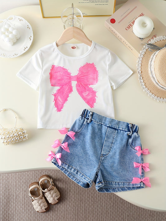 Girls' Summer Round Neck Short Sleeve Simple Versatile Cute Bow Print Top with Denim Shorts Set for Home Leisure Outing Daily Shopping Wear, for Outdoor