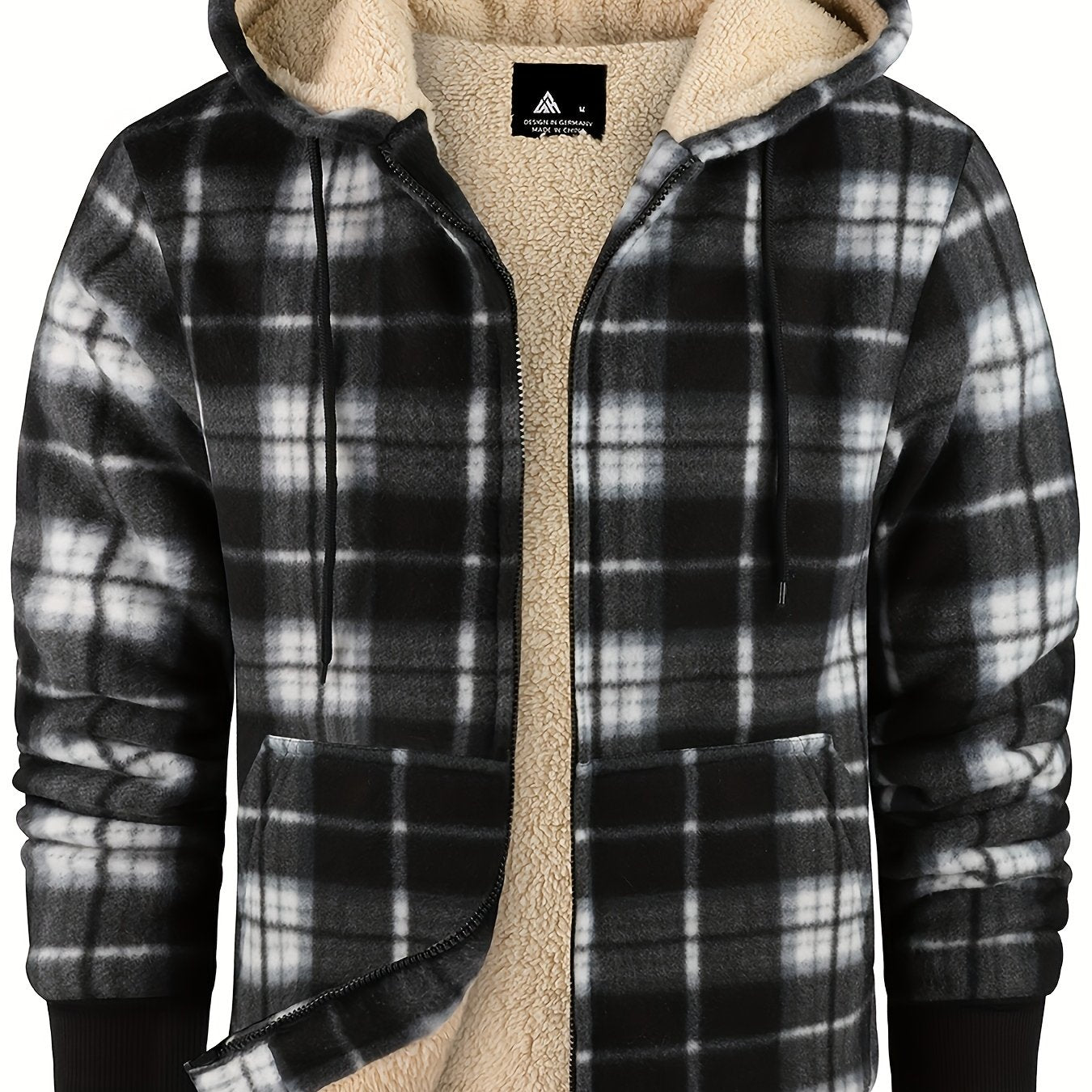 Men's Heavyweight Fleece Hooded Jacket - Full-Zip Sherpa Lining, Thick Winter Coat with Plaid Pattern (Blue/Black/Beige/Brown), Zippered Pockets, Hand Washable, Casual Outerwear for Cold Weather & Everyday Use - Ideal for Ski