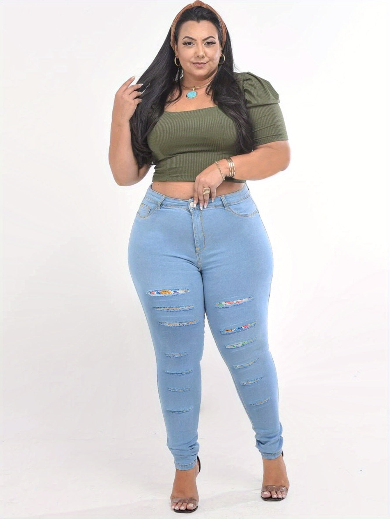 [Plus Size Denim] Plus Size Women's Skinny Fit Denim Pants | Plain Washed Blue Casual Style Zipper Button Closure