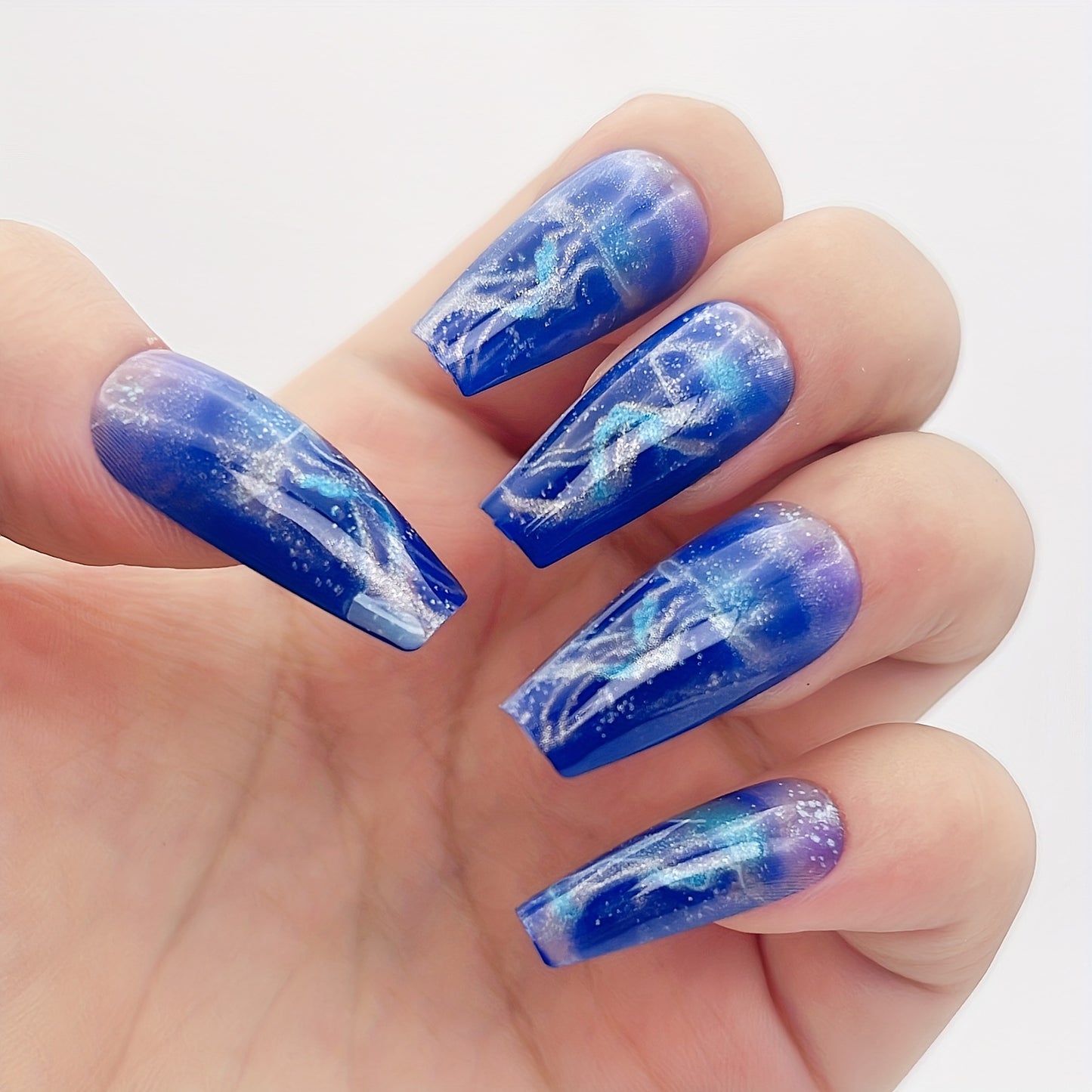 [Glowing Fake Nails] NGMATY 24pcs Gel False Nail Set | Medium Length Blue Jellyfish Coloring Glowing Fake Nails 12 Sizes - Press On Nails