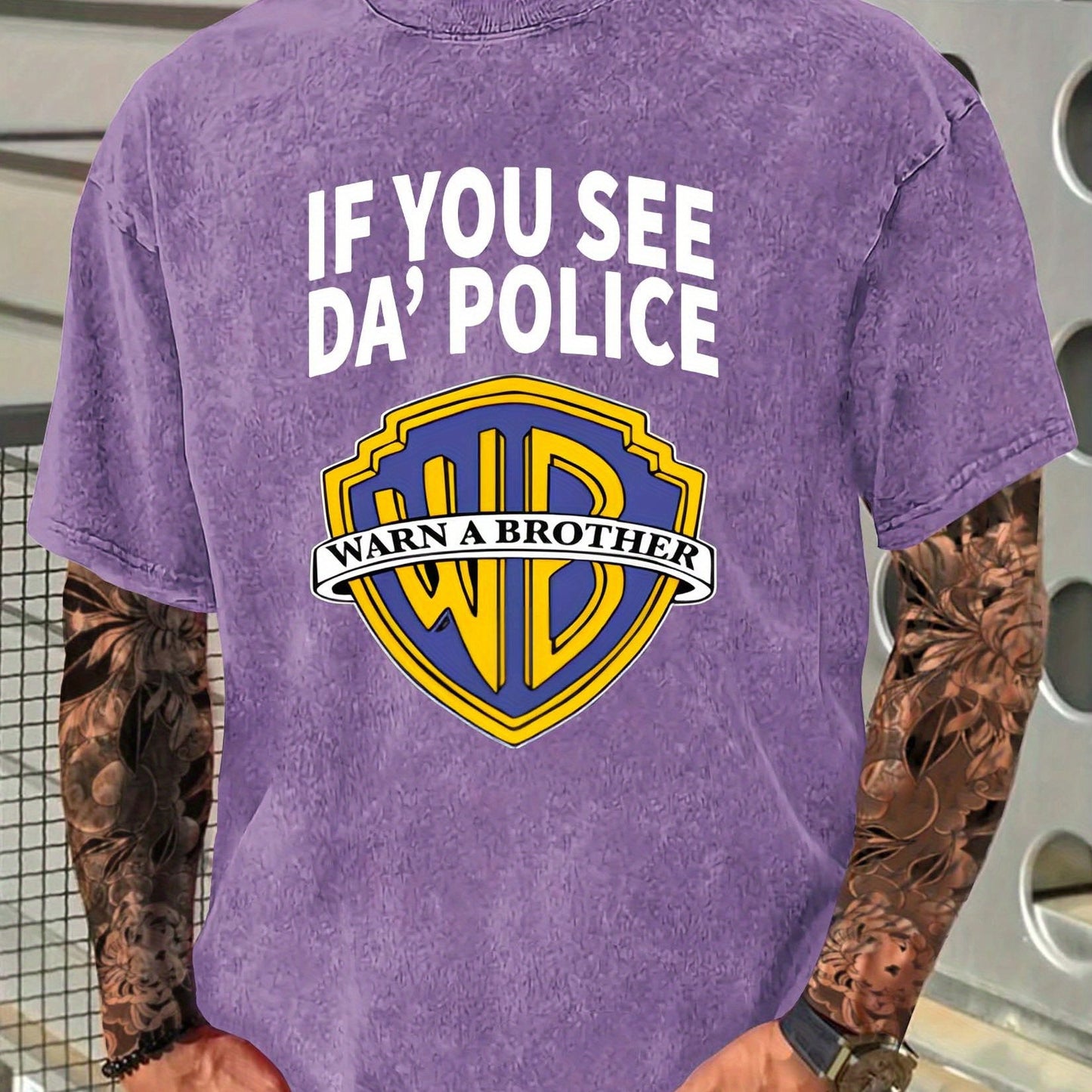 Men's "If You See Da Police" Graphic Cotton T-Shirt - Fun Pop Culture Twist, Distressed Washed Look, Casual Crew Neck Short Sleeve Tee, 230g Thick Cotton, Black with Yellow & White Logo Design, Everyday Clothing | Pop Culture
