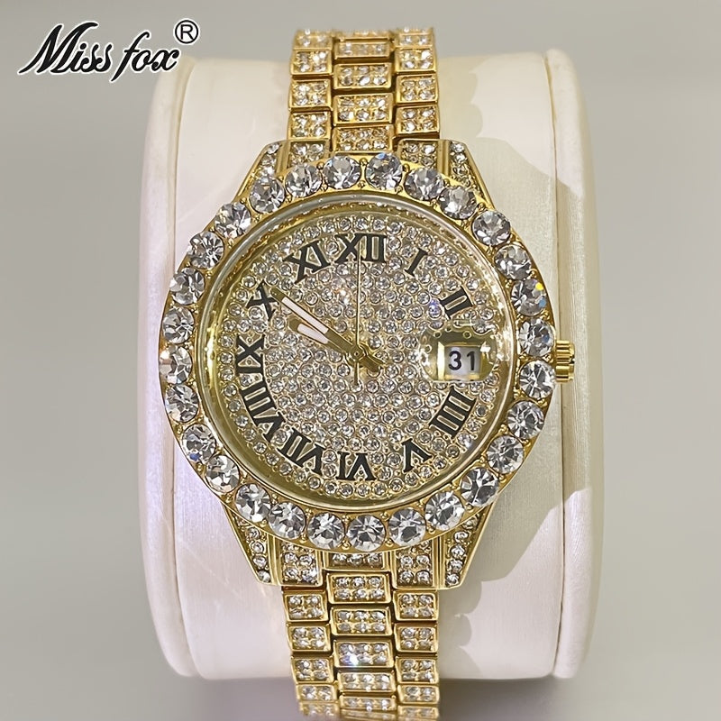 MISSFOX Elegant Quartz Watch for Women - Luminous, Round Alloy Case, Hip-Hop Iced-Out Design with Sparkling Crystals, Perfect for Casual or Formal Wear, Ladies Watches
