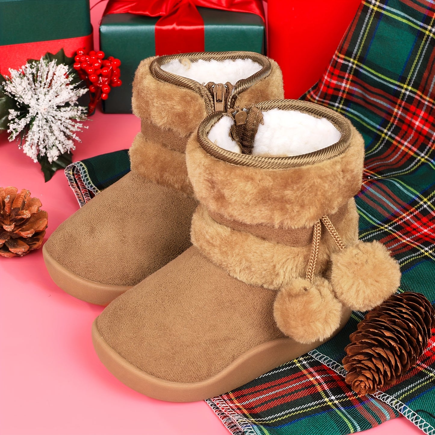 Kids' Plush Snow Boots - Slip-On Winter Boots with Non-Slip TPR Sole, Soft Fabric Upper & Fuzzy Lining - Warm Cold Weather Shoes for Boys & Girls, Toddler & Children - Christmas Halloween Gift (Pink) - Easy On/Off for Snow, I