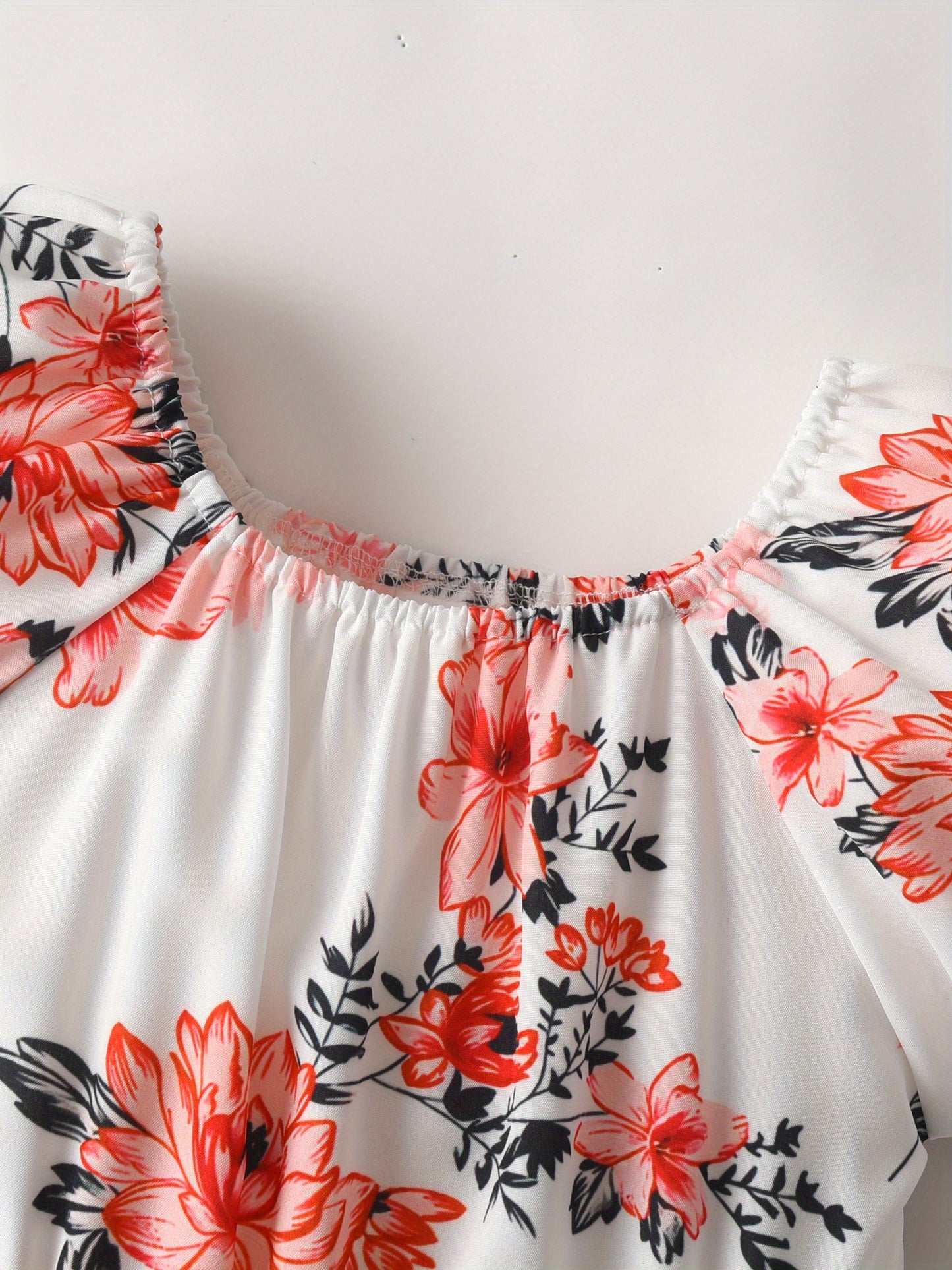 [Floral Romper] Summer Floral Print Girls' Romper Jumpsuit | Puff Sleeve, Lace-Up Belt, Machine Washable, Casual Playwear for 7 Years, Little Girls Clothes, Breathable Fabric