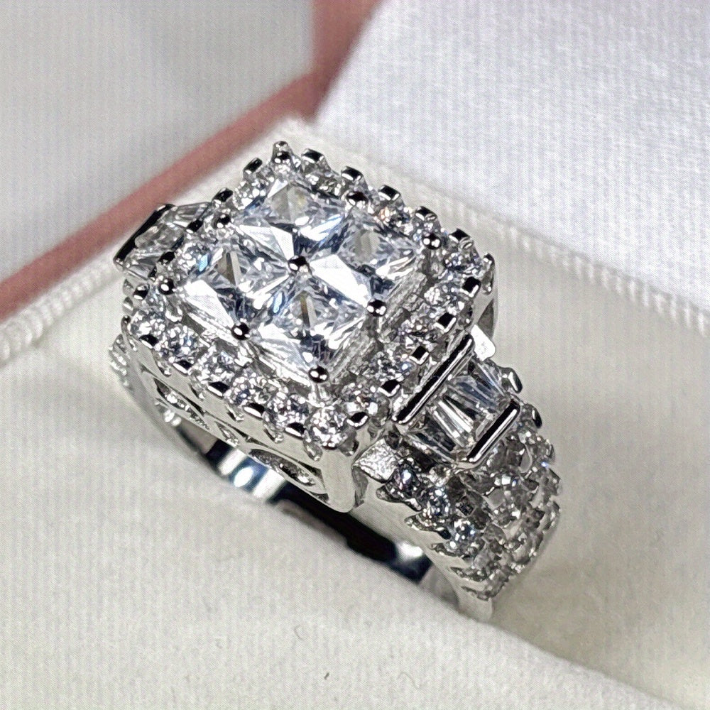 925 Sterling Silver Princess Cut Cubic Zirconia Ring, Halo Setting, Women'S Engagement Ring