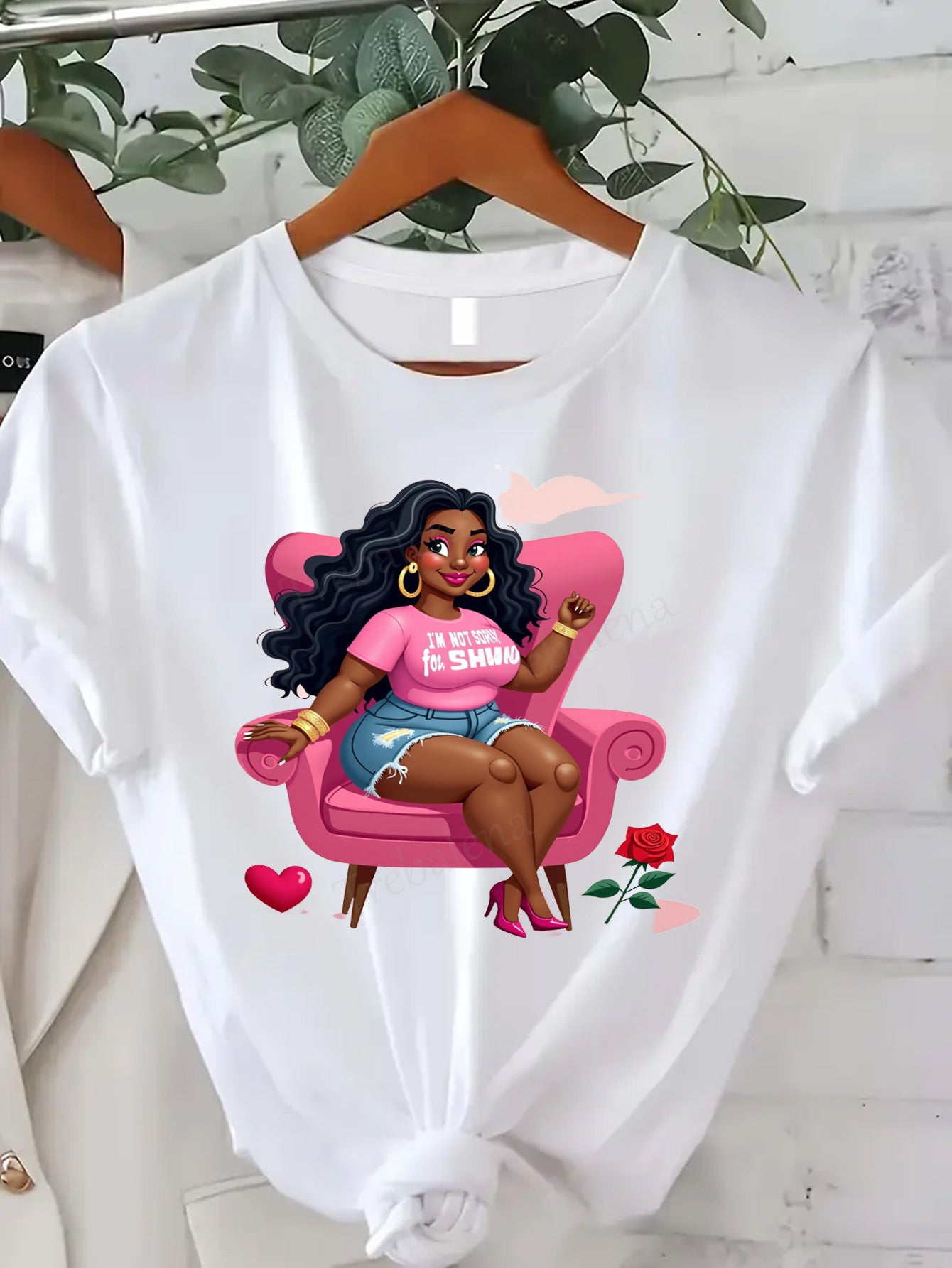 Plus Size, Trebalena Women's Plus Size Graphic T-Shirt - Sexy Curvy Lady in Pink Chair with Roses, Soft Breathable 100% Cotton Casual Everyday & Party Outfit - Perfect Halloween, Christmas, Birthday Gifts for Women - Non-See