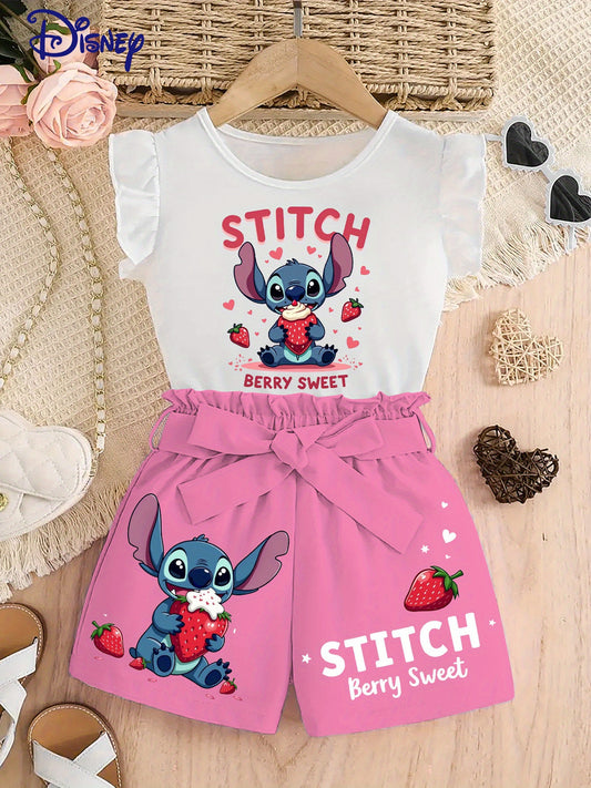 Stitch & Strawberry "Berry Sweet" Two-Piece Kids' Outfit - Cute Cartoon Print Top with Ruffled Edges & High-Waisted Shorts, Perfect for Summer Outdoor Activities, Outdoor Play Attire|Playful Design|Stretchy Fabric
