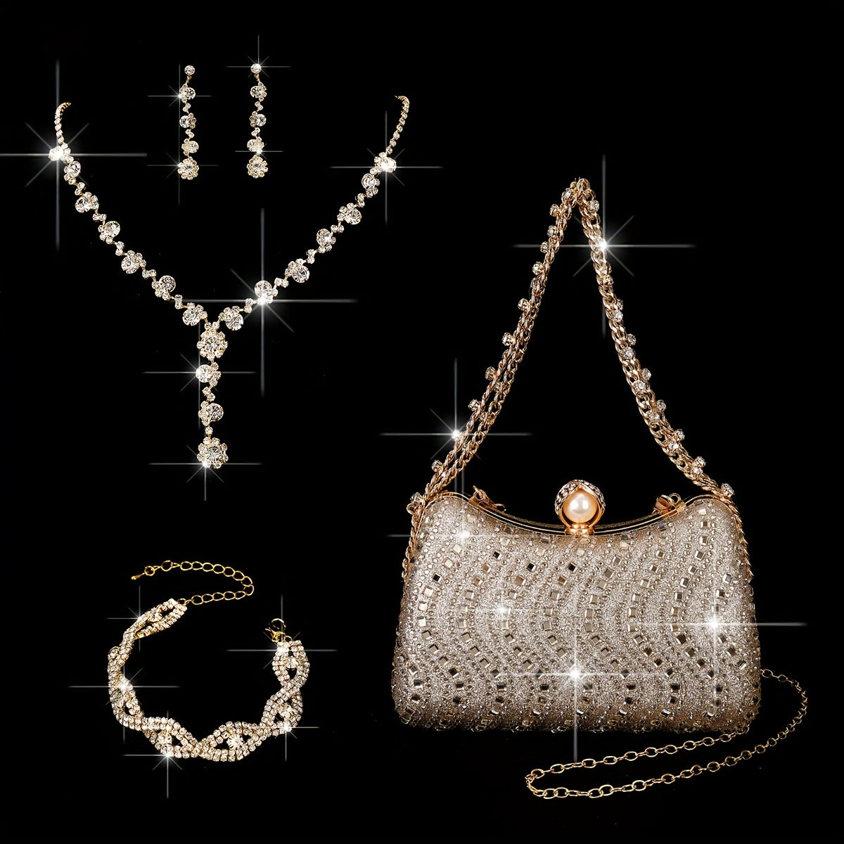5pcs Women's Elegant Rhinestone-Embellished  Evening Handbag & Crossbody - Convertible Shoulder/Dance Party Wedding Accessory with Necklace, Earrings, Bracelet & Ring Gift Set (Golden) Suitable for Prom, Gala, Dinner Parties