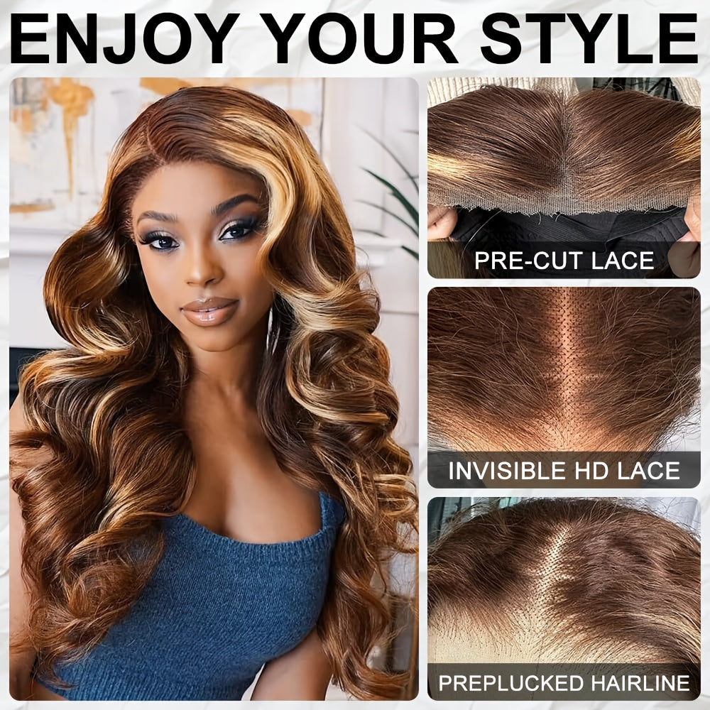 Glueless Human Hair Wig with 7x5 Lace Front - Ombre Highlight #FB30 (Balayage Blonde/Brown) Pre-Bleached Invisible Knots, 250% Density Body Wave Brown to Blonde Ombre, No Glue Needed, Instant Wear for (Lace Frontal Wigs