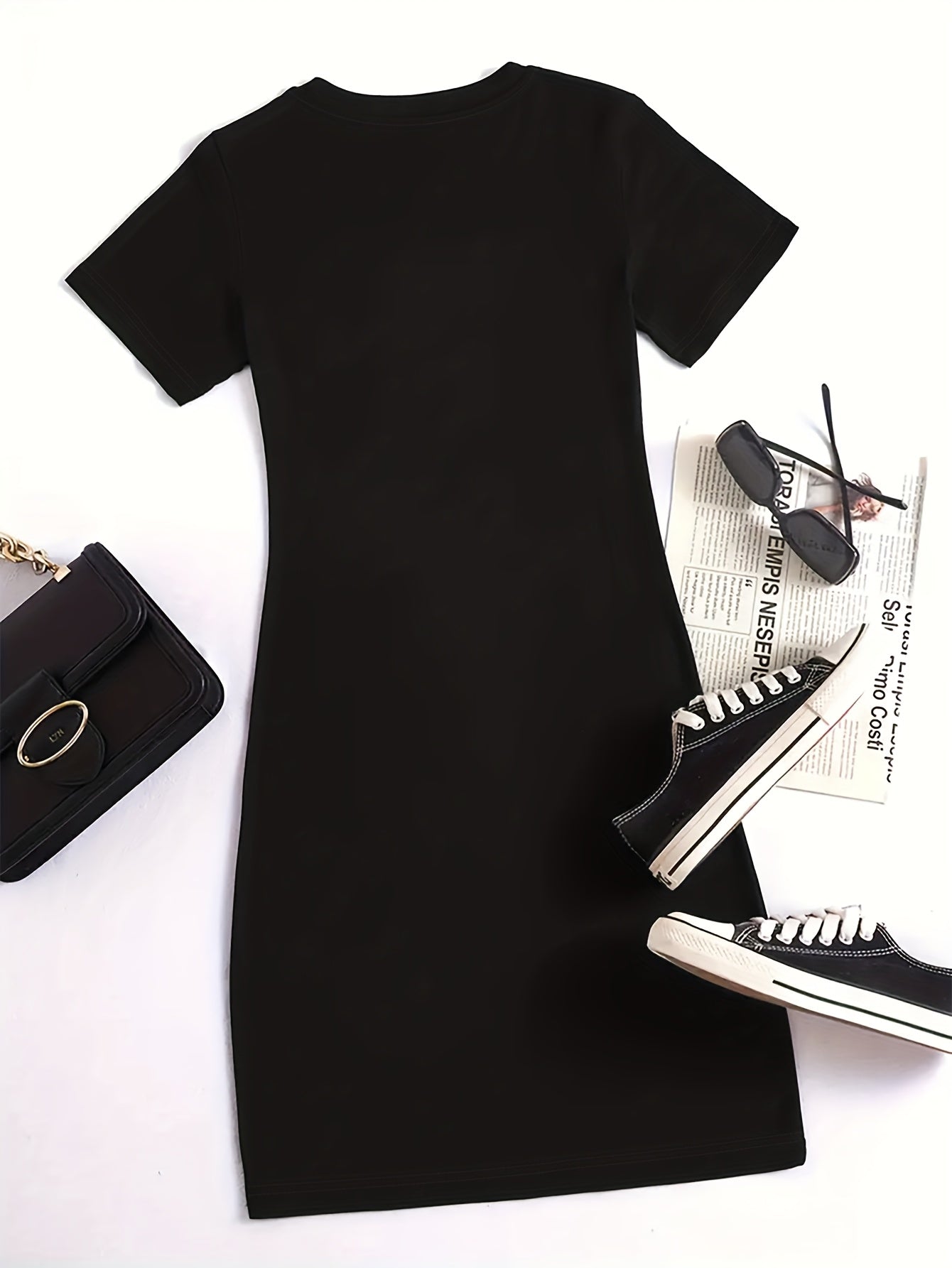 Plus-Size Women'S Fashion Letter Print Casual Sporty Fitted T-Shirt Dress Bodycon Dress