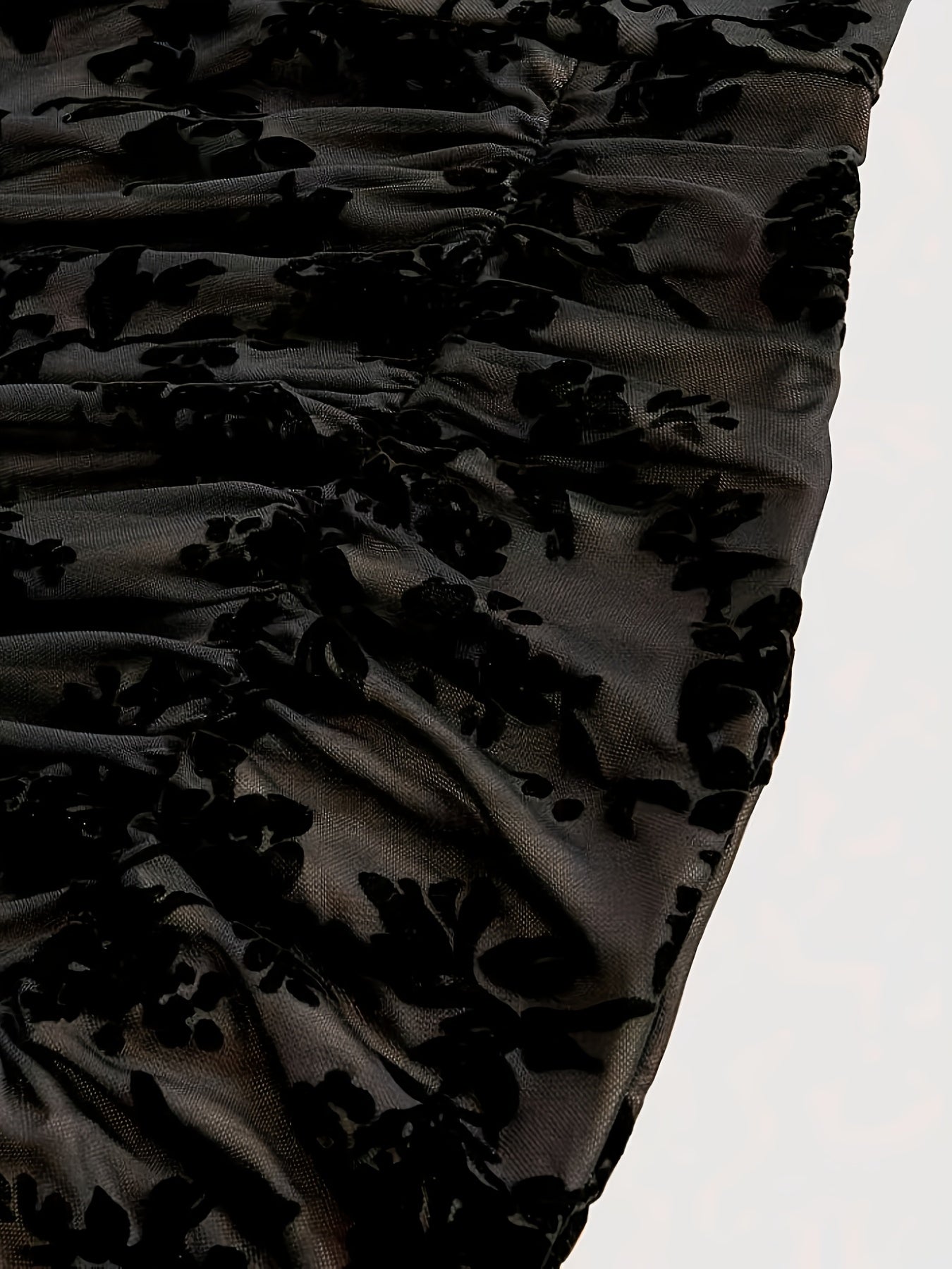 Plus Size - Plus Size Elegant Floral Velvet Mesh Slit Dress for Women, Black Back-To- Dress