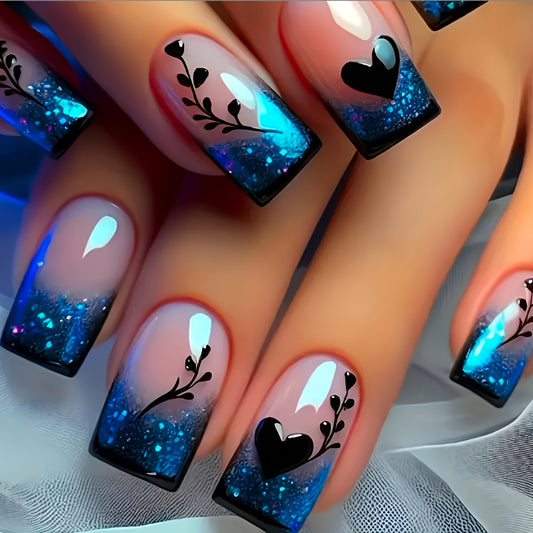 24pcs/48pcs Pink Blue Gradient Wind Pressing Fake Nail Set, Square Type A, with Black Hearts, Branches, And Glitter, Romantic And Fashionable, Including Jelly Glue And Nail Files, Suitable for Daily Use, The First Choice for