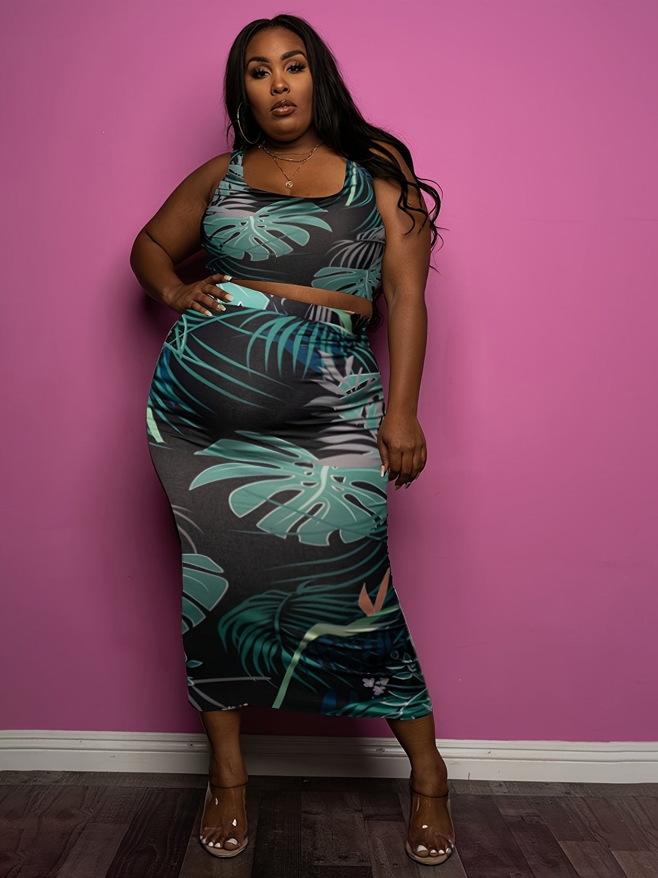Plus Size - Plus Size Women'S Summer Casual Fashion Sexy Color Block Leopard Print Round Neck Sleeveless Crop Top + Color Block Leopard Print Sexy Bodycon Back Slit Skirt Two-Piece Set