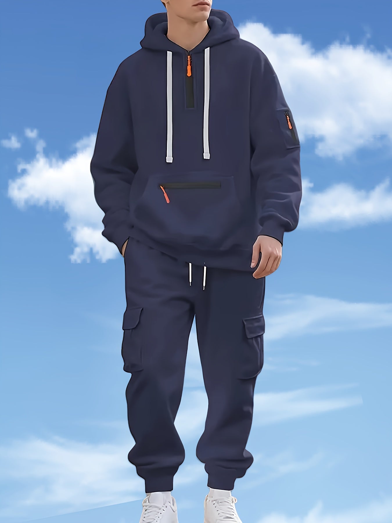 Men'S Style Casual Sportswear Set - Thickened Hooded Sweatshirt & Joggers with Pockets, Long Sleeve, Regular Fit, Solid Color, Button Detail, Fall/Winter Collection