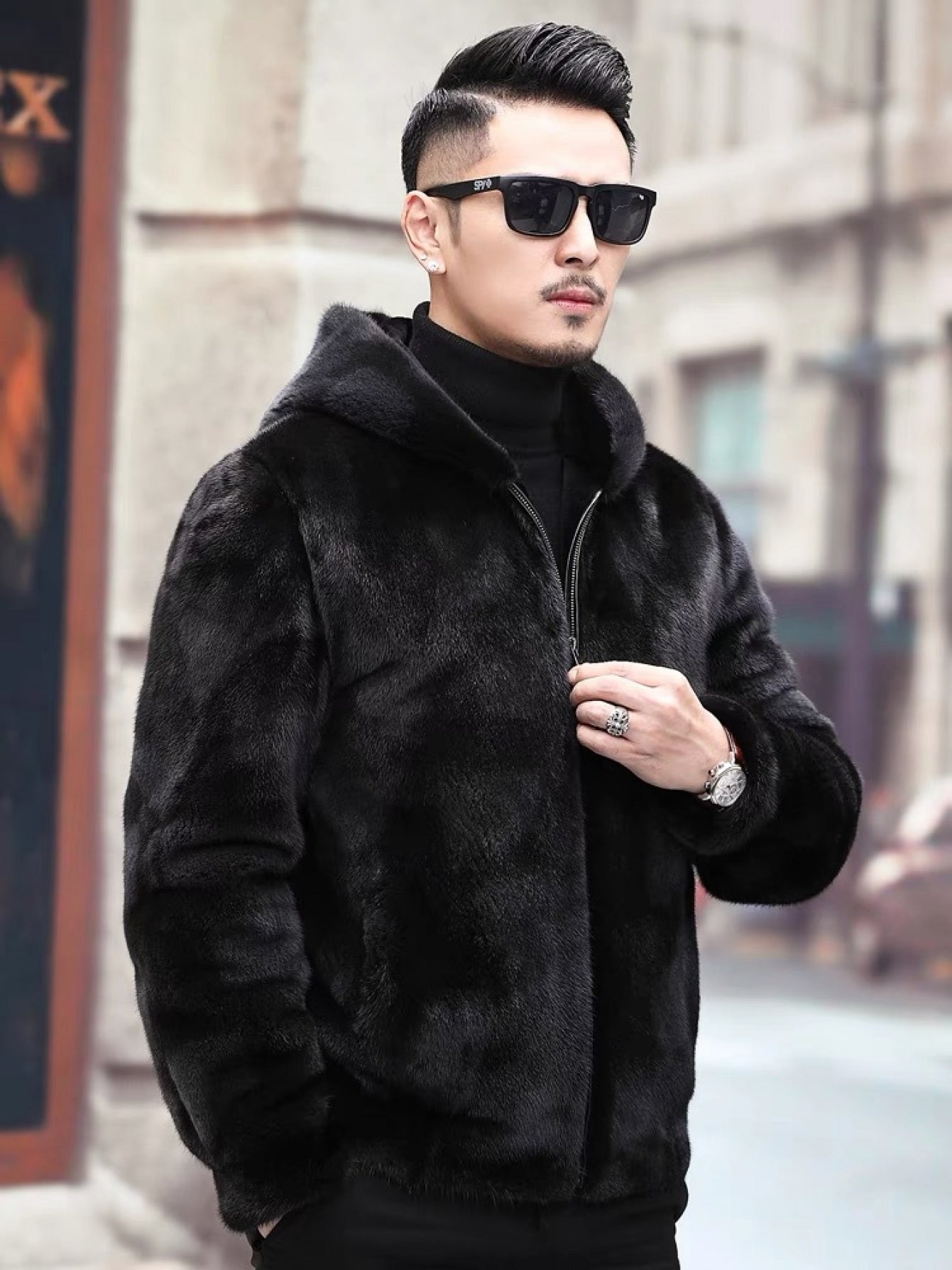 Men's Genuine Mink Fur Coat - Thickened Winter Jacket with Hood, Large Size Full-Length Collar &, Zipper Closure, Machine Washable - Luxurious Cold Weather Outerwear (Casual & Formal) - Faux Fur Jacket for Men