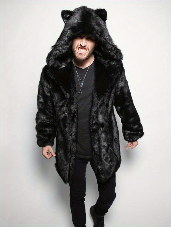 Men'S Luxury Faux Fur Coat - Mid-Length Mink-Like Jacket, Thick Windproof Winter Outerwear with Hood & Full-Zip Closure, Cozy Warm Lining, Casual Loose Fit Streetwear, Geometric Pattern, Lining, Autumn/Winter Jacket for Men (