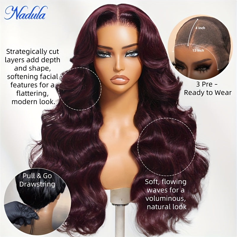 Nadula Lace Frontal Burgundy Plum Layer Cut Wavy Wig - Pre-Cut, Pre-Bleached, Pre-Plucked with Invisible Knots, Density, Loose Waves, Real Human Hair, Unisex Adult