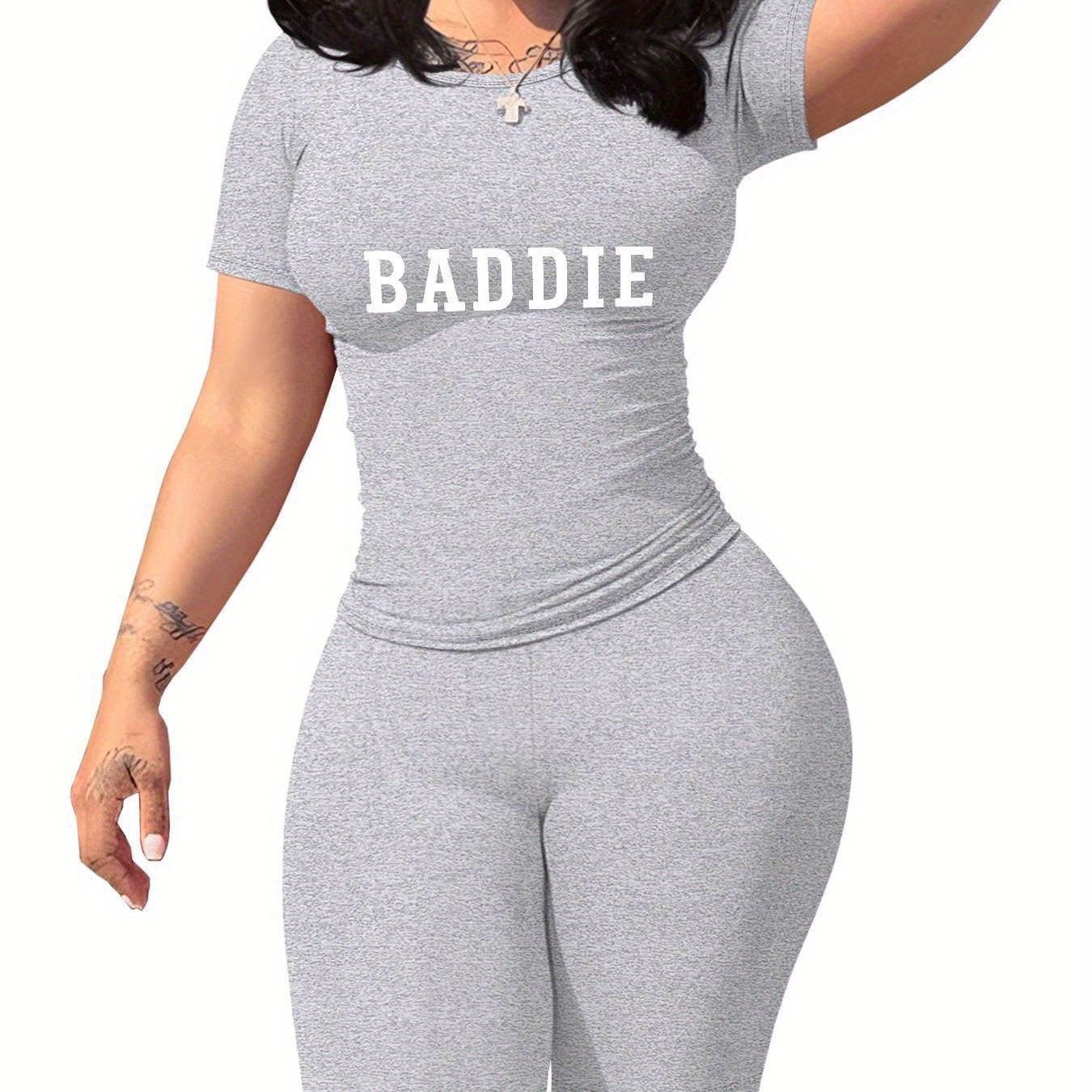 Baddie Women'S SlimFit TShirt and Shorts Set, Premium Baddie Lettering Print, Durable Baddie Graphic Design, Casual Baddie Style Fashion with Soft Fabric, Comfortable and LongLasting Baddie Trend., Allseason Apparel, Trendy O