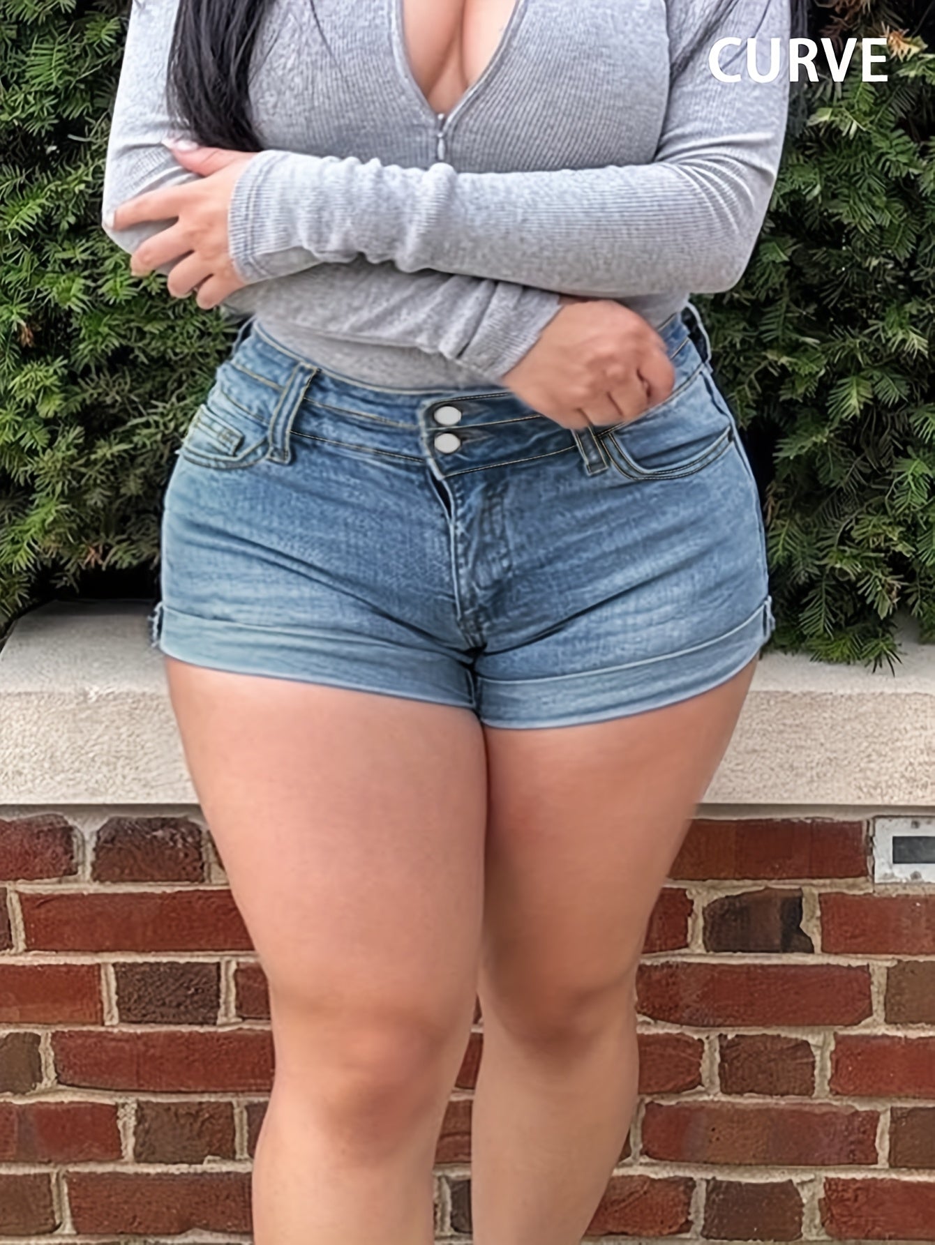 Women's Plus Size High-Waisted Y2K Jeans Shorts - Stretchy Skinny Fit Non-See-Through Denim-look Shorts, Machine Washable Streetwear for Curvy Women, Sexy Casual Outfits for Spring/Summer Everyday & Nightlife, Denim Shorts, S