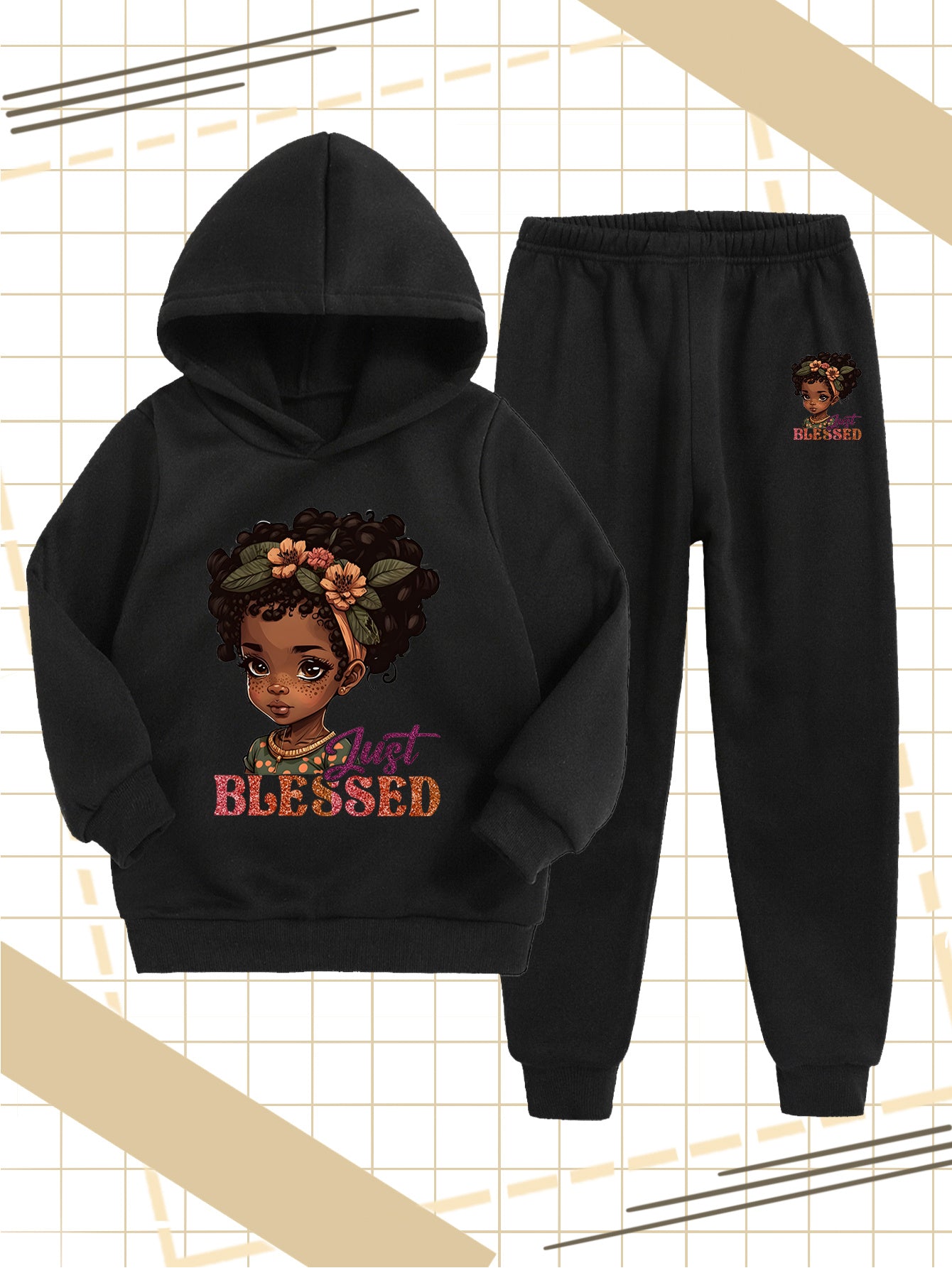 Girls' Fashion Hooded Sweatshirt and Pants Set, Creative Design with Cute Cartoon Prints, Comfortable Soft Polyester for Autumn/Winter Warmth, Perfect for Outdoor