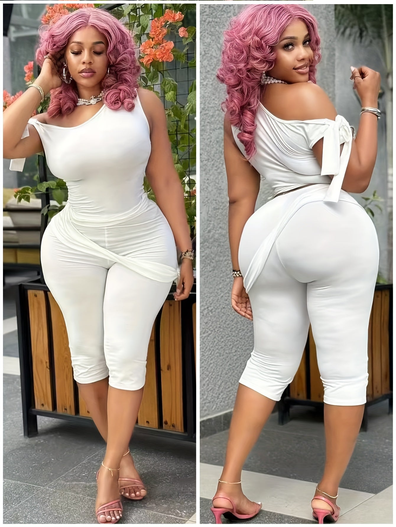 Plus Size - Fashion One-shoulder Strap Two-piece Suit Women'S High Waist Strap Leggings Casual Suit