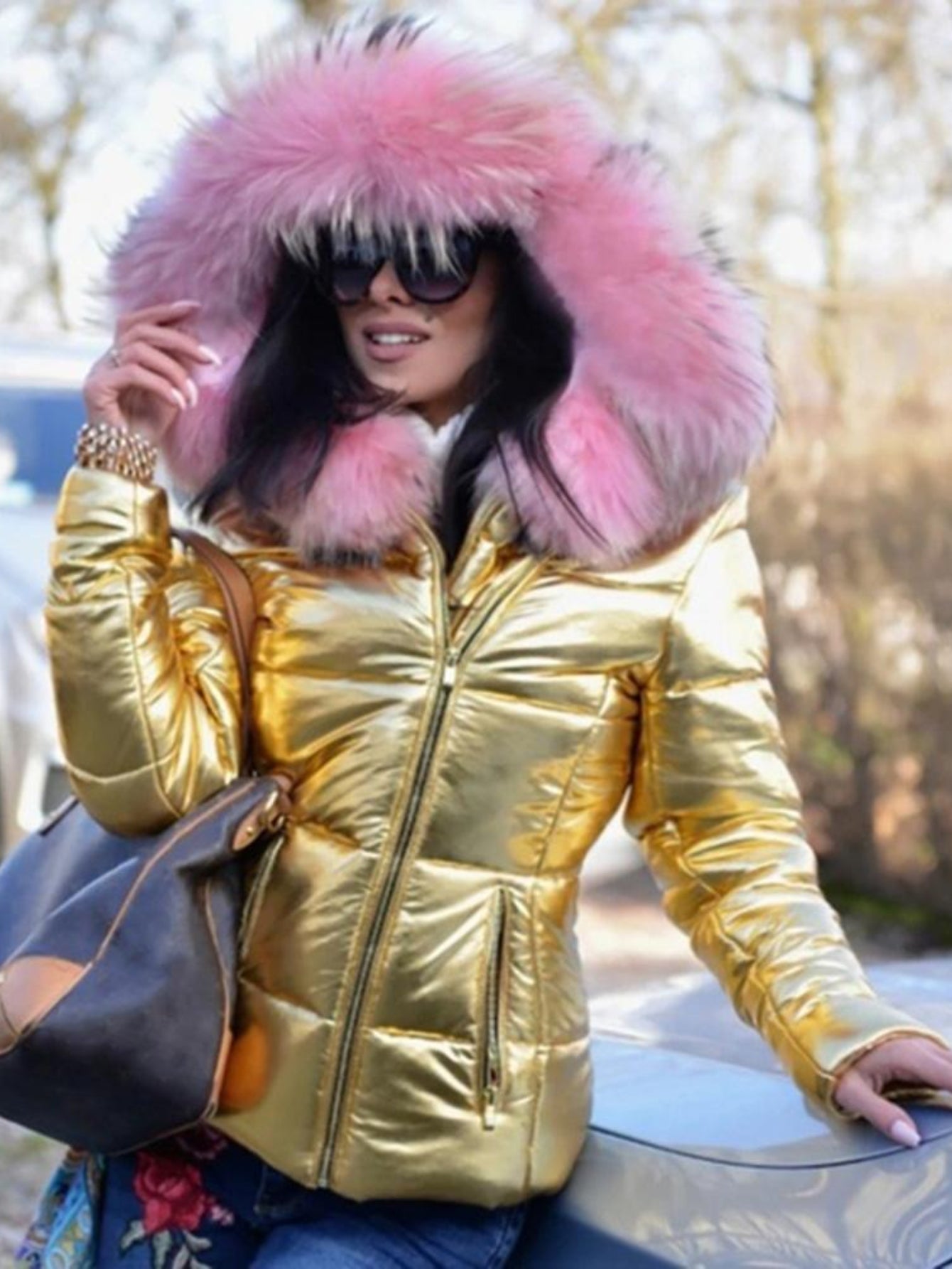 Plus Size - Plus Size - Plus Size Women'S Elegant Hooded Winter Jacket - European & American Style Warm Mid-Length Coat with Full-Zip Front Closure, Soft Pink Fur Collar & Long Sleeves, Cozy Insulated Outerwear for Fall/Winte