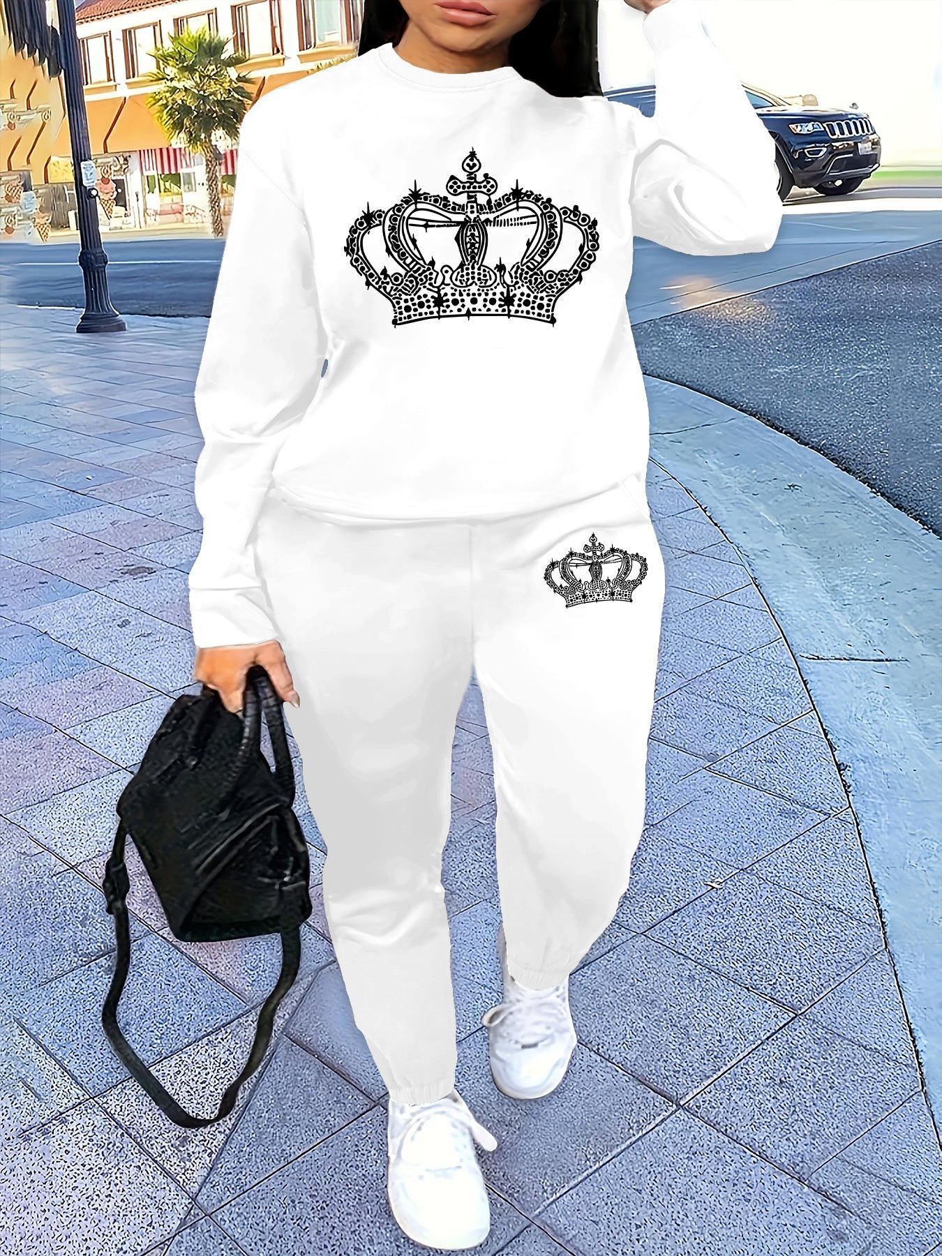 Women'S Casual Crew Neck Sweatshirt & Pants Set - with Crown Print, Fleece-Lined, All-Season Comfort, Casual Attire, Casual Wear, |crown Print Sweatshirt|fleece Lined Pants, Sweater Set