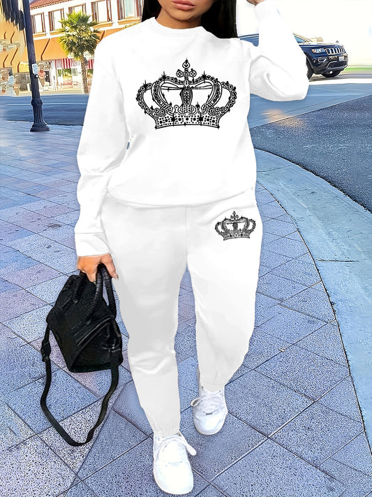 Women'S Casual Crew Neck Sweatshirt & Pants Set - with Crown Print, Fleece-Lined, All-Season Comfort, Casual Attire, Casual Wear, |crown Print Sweatshirt|fleece Lined Pants, Sweater Set