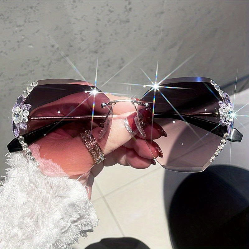 Women's Frameless Fashion Glasses with Sparkling Rhinestone Temples - Dark Purple Tinted Lenses, Stylish & Elegant Professional Design for Fashion, Fashion Eye Glasses, Highquality Eyewear, Designer Eyewear, Trendy Women