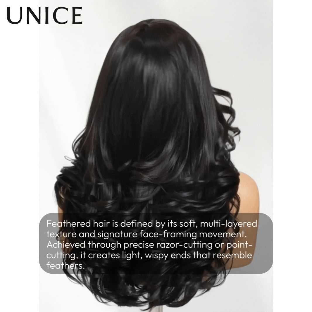 UNice 250% Density Human Hair Wig with Feathered Layers & Volume - Bye-Bye Slip (Adjusts 18"-24") | Secure Strips & Drawstring Closure | Pre-Layered Style for & | Hair Density (No Glue Needed)
