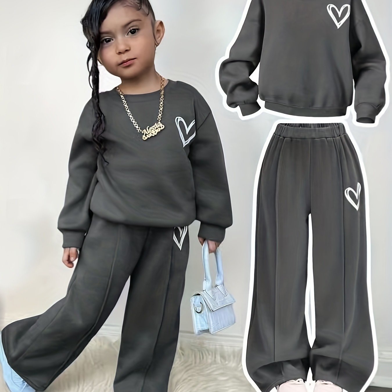 Girl'S Autumn and Winter Love Print Fleece Hoodie + Print Pants Two-Piece Set | Suitable for Outdoor Wear, Comfortable Fabric with Fleece Insulation, Casual Style, Regular Fit, Ideal Gift for Children.
